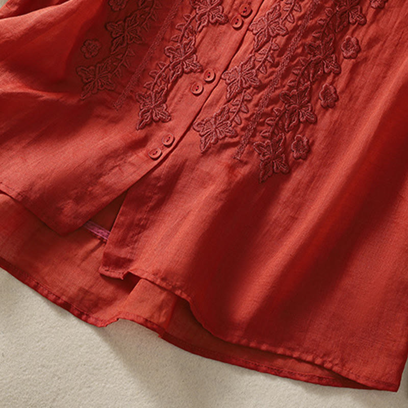 Buddha Stones Summer Plain Button Embroidery Flower Pattern Three Quarter Sleeve Lapel Cotton Linen Women's Shirt - image 25