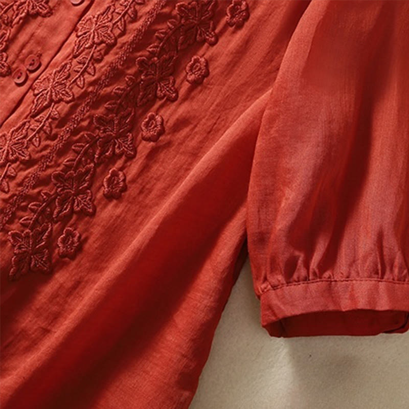 Buddha Stones Summer Plain Button Embroidery Flower Pattern Three Quarter Sleeve Lapel Cotton Linen Women's Shirt - image 24