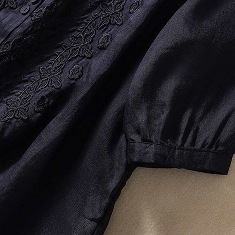 Buddha Stones Summer Plain Button Embroidery Flower Pattern Three Quarter Sleeve Lapel Cotton Linen Women's Shirt - image 30