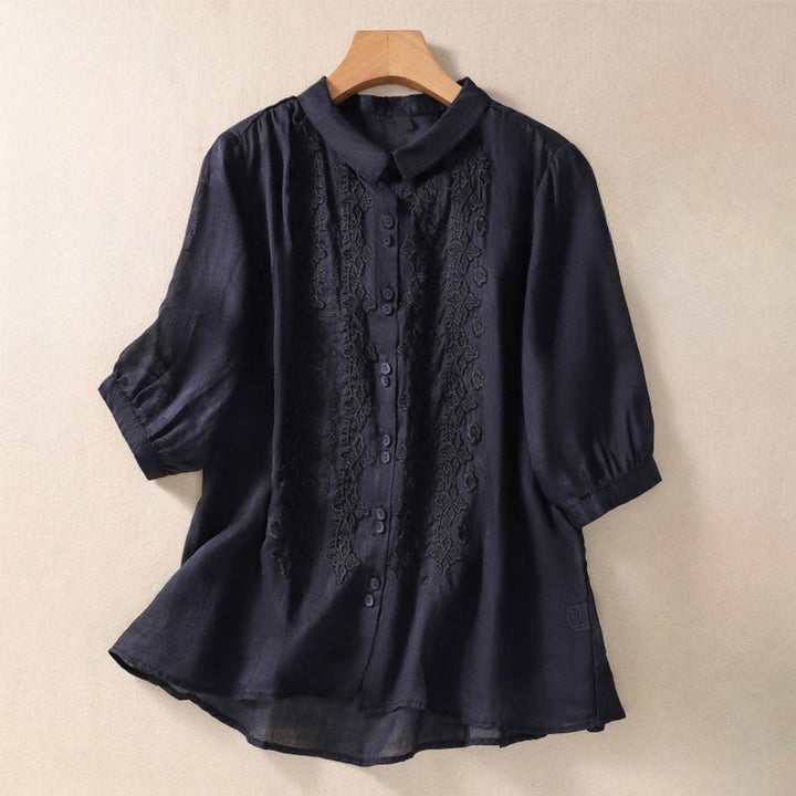Buddha Stones Summer Plain Button Embroidery Flower Pattern Three Quarter Sleeve Lapel Cotton Linen Women's Shirt - Black - US12，UK/AU16，EU44 (2XL) - image 26