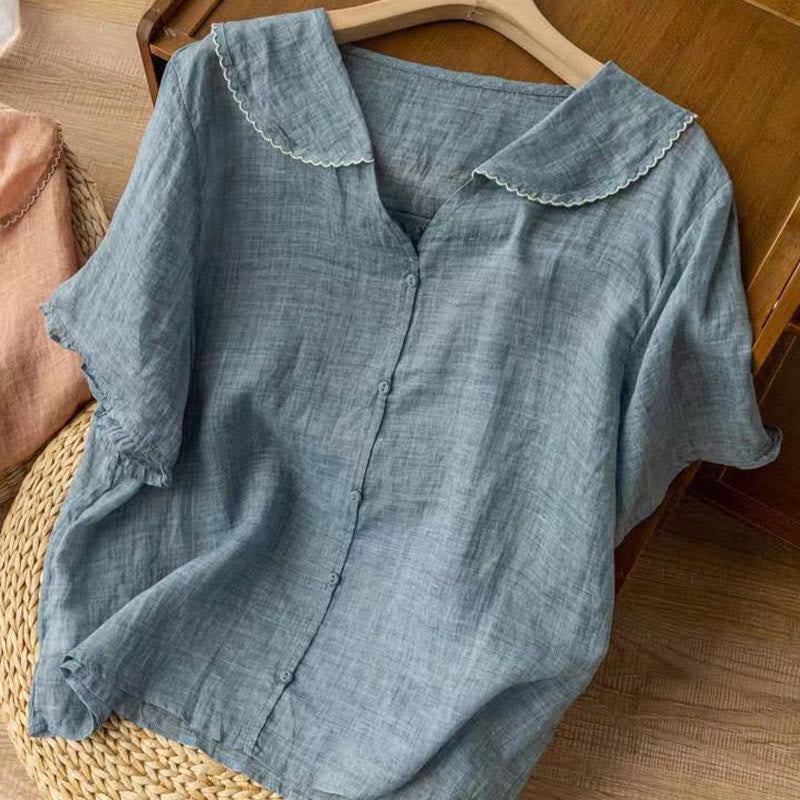 Buddha Stones Casual Plain Button Half Sleeve Middy Collar Cotton Linen Women's Shirt