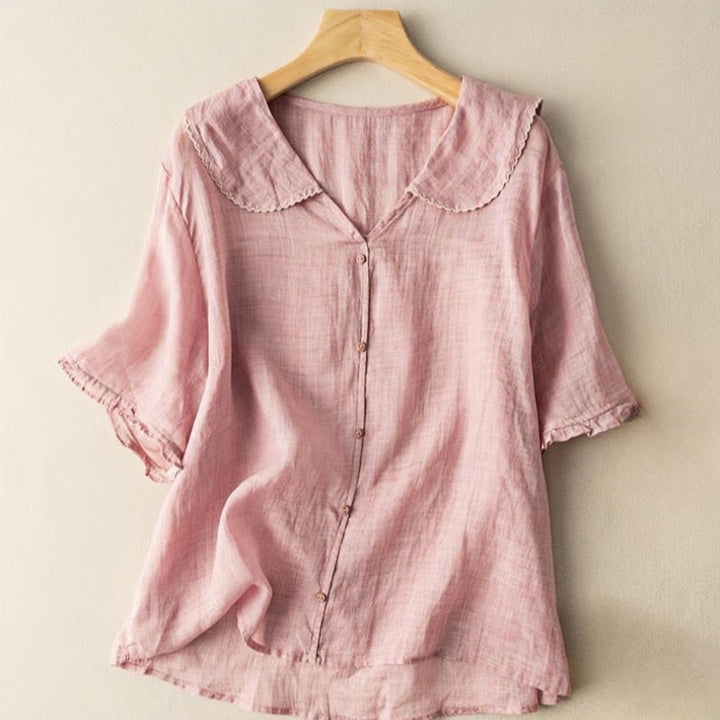 Buddha Stones Casual Plain Button Half Sleeve Middy Collar Cotton Linen Women's Shirt