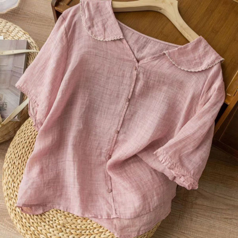 Buddha Stones Casual Plain Button Half Sleeve Middy Collar Cotton Linen Women's Shirt