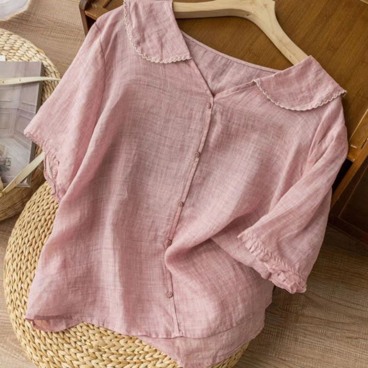 Buddha Stones Casual Plain Button Half Sleeve Middy Collar Cotton Linen Women's Shirt
