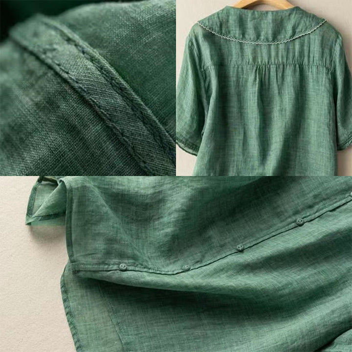 Buddha Stones Casual Plain Button Half Sleeve Middy Collar Cotton Linen Women's Shirt