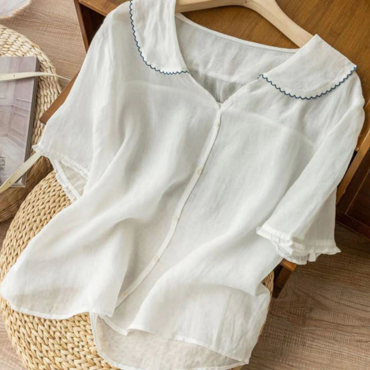 Buddha Stones Casual Plain Button Half Sleeve Middy Collar Cotton Linen Women's Shirt