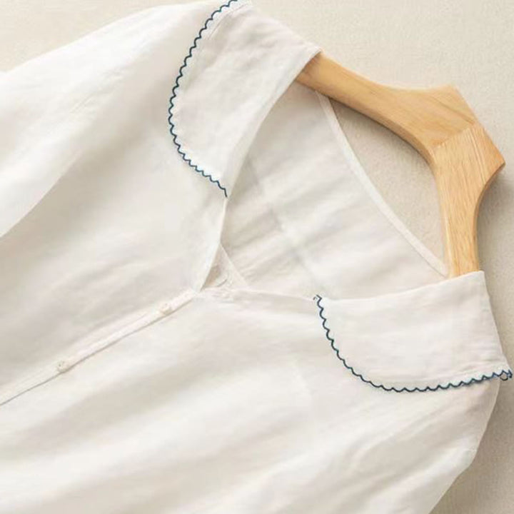 Buddha Stones Casual Plain Button Half Sleeve Middy Collar Cotton Linen Women's Shirt