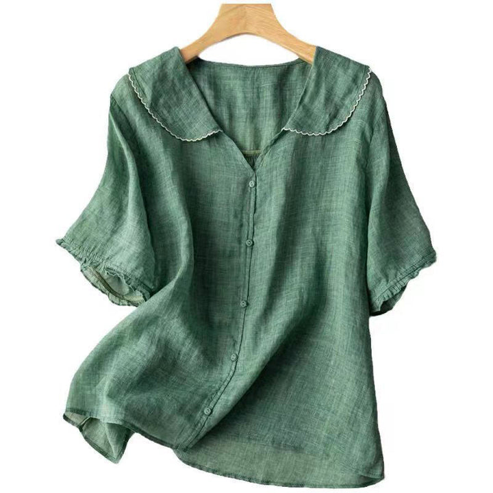 Buddha Stones Casual Plain Button Half Sleeve Middy Collar Cotton Linen Women's Shirt
