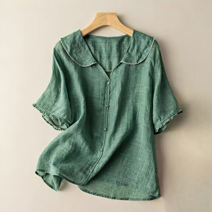 Buddha Stones Casual Plain Button Half Sleeve Middy Collar Cotton Linen Women's Shirt