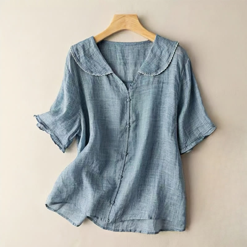 Buddha Stones Casual Plain Button Half Sleeve Middy Collar Cotton Linen Women's Shirt