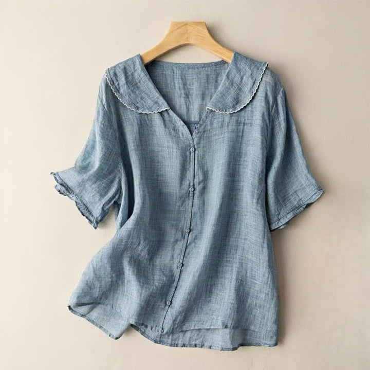 Buddha Stones Casual Plain Button Half Sleeve Middy Collar Cotton Linen Women's Shirt