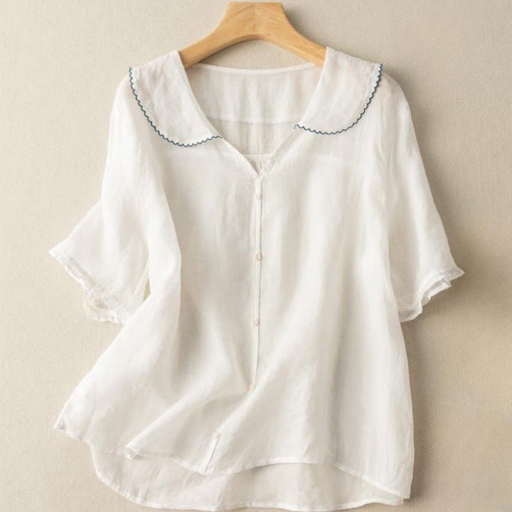 Buddha Stones Casual Plain Button Half Sleeve Middy Collar Cotton Linen Women's Shirt