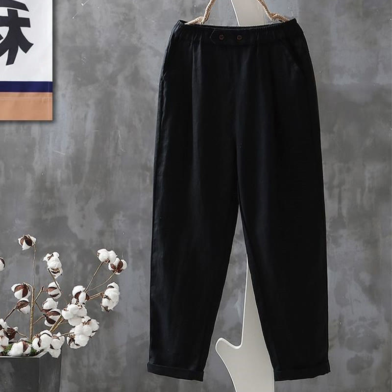 Buddha Stones Casual Button Cotton Linen Women's Harem Pants With Pockets