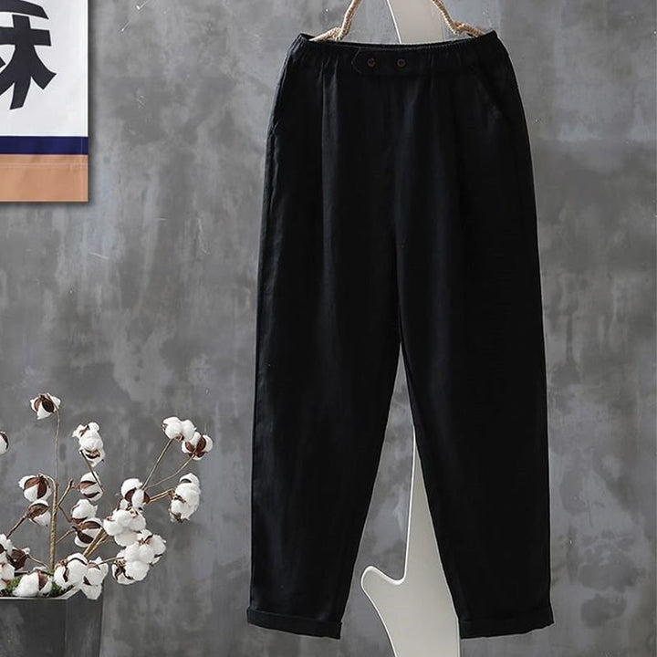 Buddha Stones Casual Button Cotton Linen Women's Harem Pants With Pockets