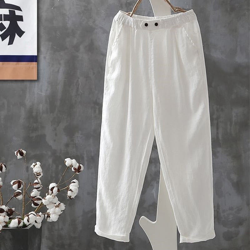 Buddha Stones Casual Button Cotton Linen Women's Harem Pants With Pockets