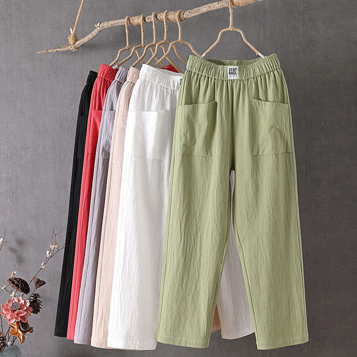 Buddha Stones Summer Pure Color Elastic Waist Cotton Linen Women's Harem Pants With Pockets