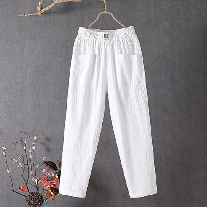 Buddha Stones Summer Pure Color Elastic Waist Cotton Linen Women's Harem Pants With Pockets