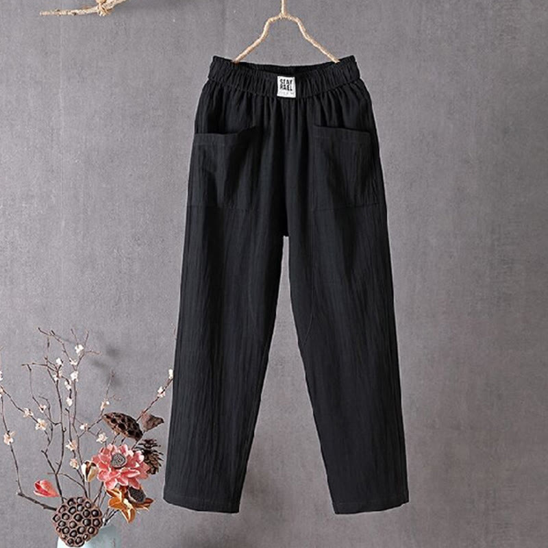 Buddha Stones Summer Pure Color Elastic Waist Cotton Linen Women's Harem Pants With Pockets