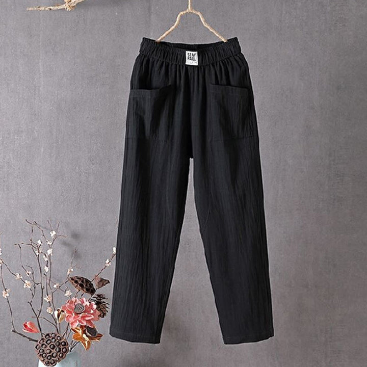 Buddha Stones Summer Pure Color Elastic Waist Cotton Linen Women's Harem Pants With Pockets