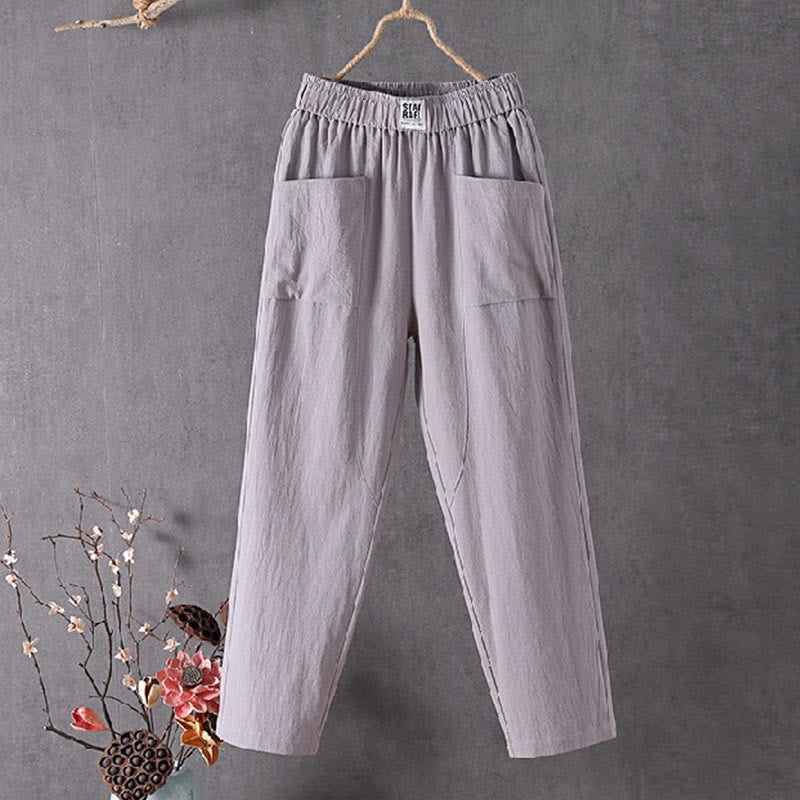 Buddha Stones Summer Pure Color Elastic Waist Cotton Linen Women's Harem Pants With Pockets