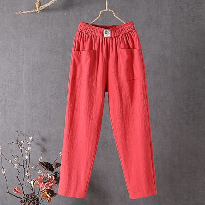 Buddha Stones Summer Pure Color Elastic Waist Cotton Linen Women's Harem Pants With Pockets
