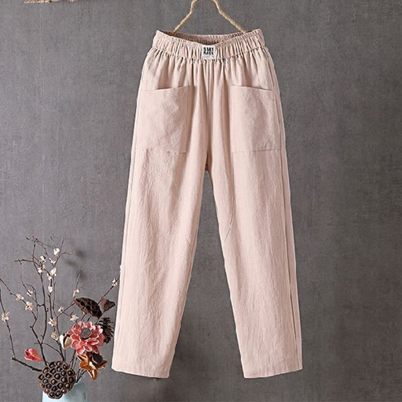 Buddha Stones Summer Pure Color Elastic Waist Cotton Linen Women's Harem Pants With Pockets