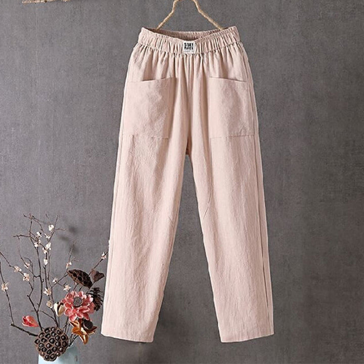 Buddha Stones Summer Pure Color Elastic Waist Cotton Linen Women's Harem Pants With Pockets