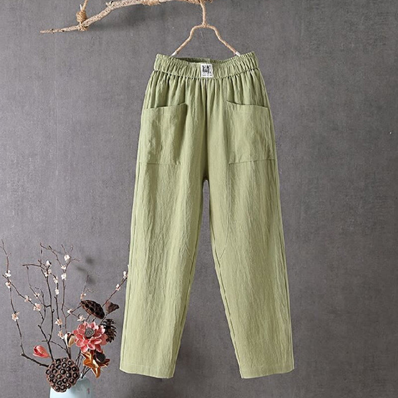 Buddha Stones Summer Pure Color Elastic Waist Cotton Linen Women's Harem Pants With Pockets