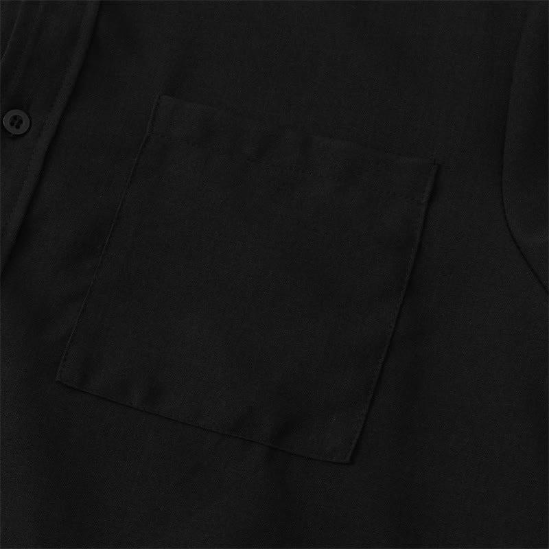 Buddha Stones Summer Men's Button Plain Short Sleeve Cotton Linen Shirt With Pocket