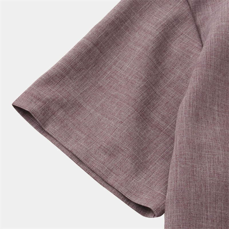 Buddha Stones Summer Men's Button Plain Short Sleeve Cotton Linen Shirt With Pocket
