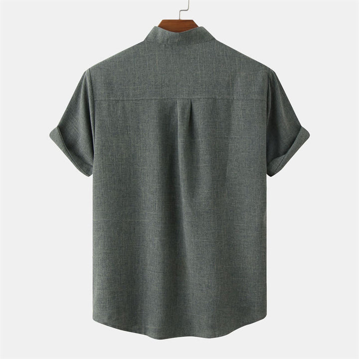 Buddha Stones Summer Men's Button Plain Short Sleeve Cotton Linen Shirt With Pocket
