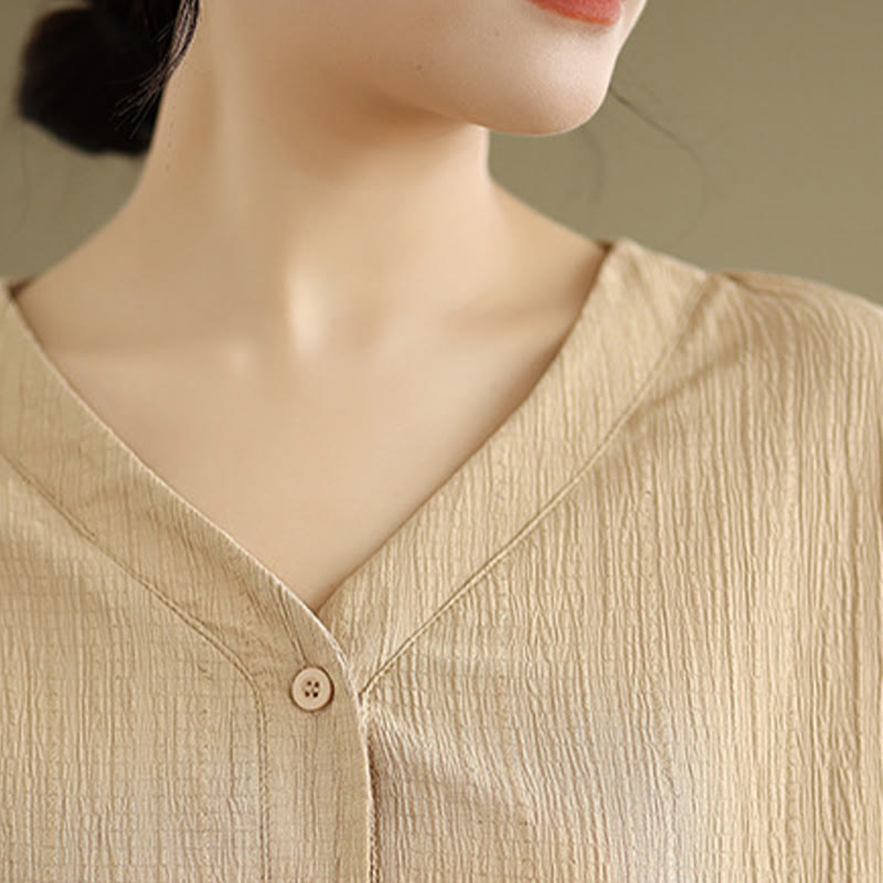 Buddha Stones Summer Casual Pure Half Puff Sleeve Half Button V-neck Women's T-Shirt