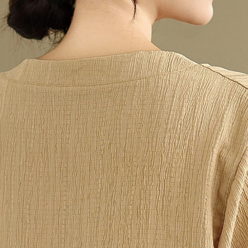 Buddha Stones Summer Casual Pure Half Puff Sleeve Half Button V-neck Women's T-Shirt