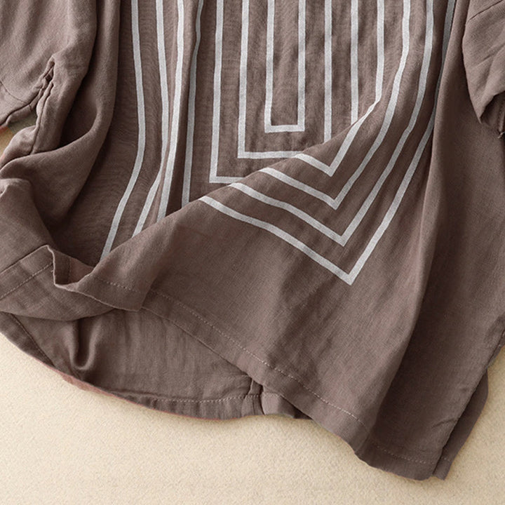 Buddha Stones Casual Line Printing Pattern Short Sleeve Cotton Linen Women's T-Shirt - image 20