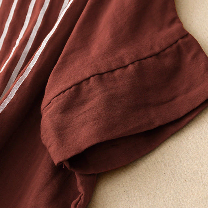 Buddha Stones Casual Line Printing Pattern Short Sleeve Cotton Linen Women's T-Shirt - image 9