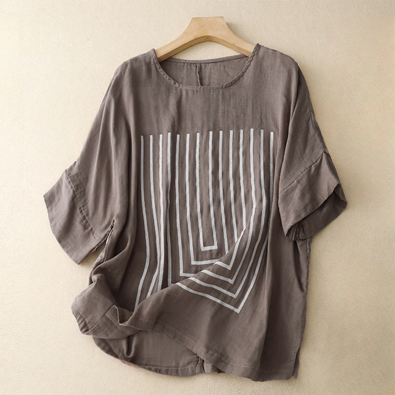 Buddha Stones Casual Line Printing Pattern Short Sleeve Cotton Linen Women's T-Shirt - RosyBrown - US12，UK/AU16，EU44 (2XL) - image 18