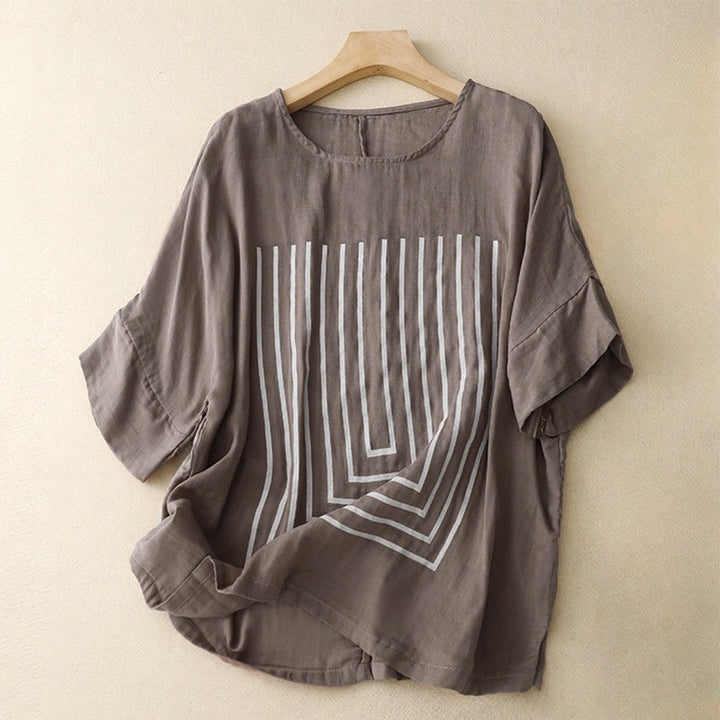 Buddha Stones Casual Line Printing Pattern Short Sleeve Cotton Linen Women's T-Shirt - RosyBrown - US12，UK/AU16，EU44 (2XL) - image 17