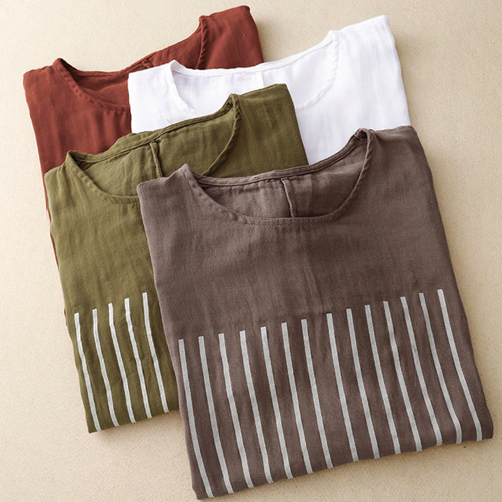 Buddha Stones Casual Line Printing Pattern Short Sleeve Cotton Linen Women's T-Shirt - image 23