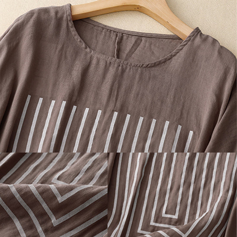 Buddha Stones Casual Line Printing Pattern Short Sleeve Cotton Linen Women's T-Shirt - image 18
