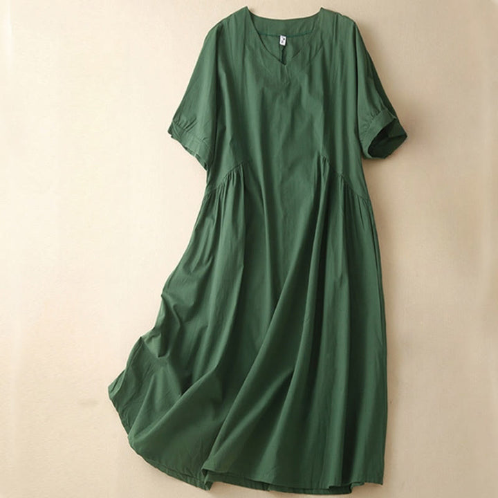 Buddha Stones Casual Pure Color Design Short Sleeve V-Neck Cotton Midi Dress With Pockets - DarkGreen - US8-10，UK/AU12-14，EU40-42 (2XL) - image 0