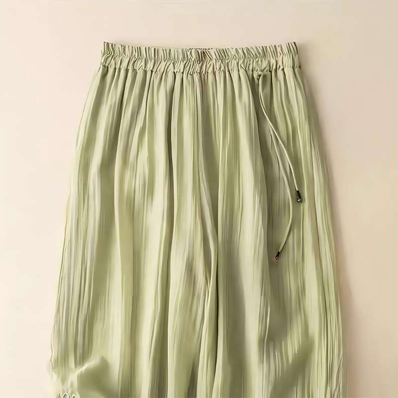 Buddha Stones Retro Casual Embroidery Design Drawstring Cotton Linen Women's Wide Leg Pants With Pockets