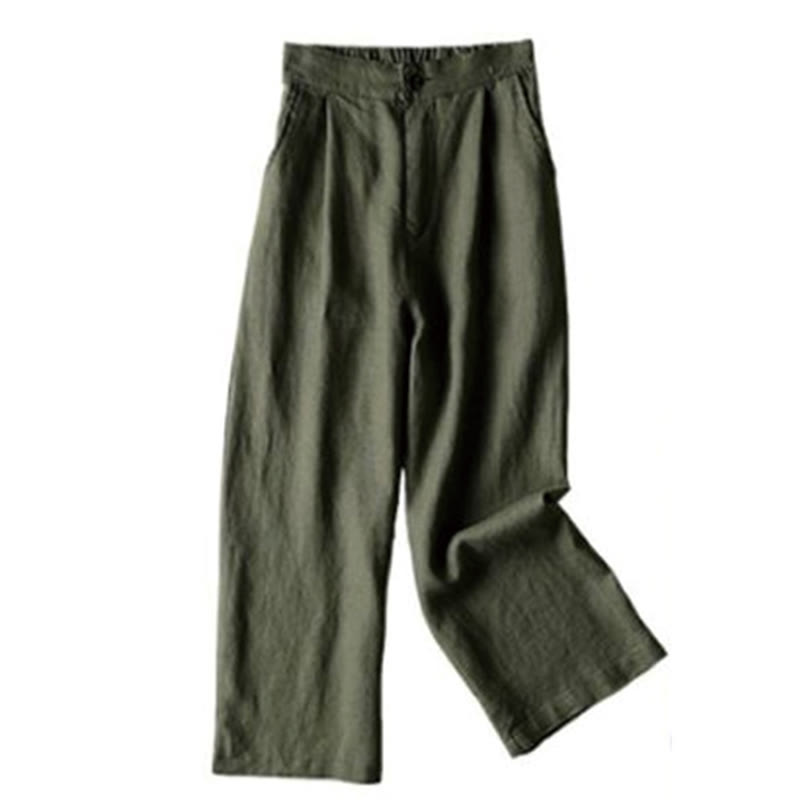 Buddha Stones Commute Solid Color Drawstring 7-8 Length Cotton Linen Women's Wide Leg Pants With Pockets