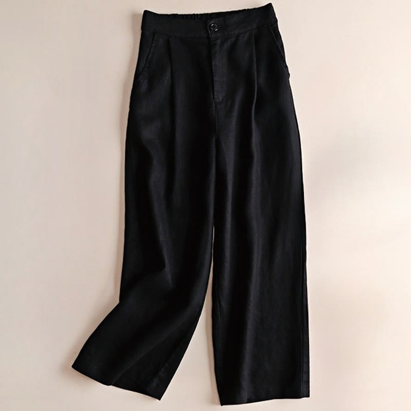 Buddha Stones Commute Solid Color Drawstring 7-8 Length Cotton Linen Women's Wide Leg Pants With Pockets