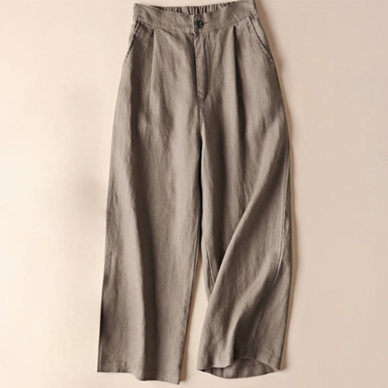 Buddha Stones Commute Solid Color Drawstring 7-8 Length Cotton Linen Women's Wide Leg Pants With Pockets
