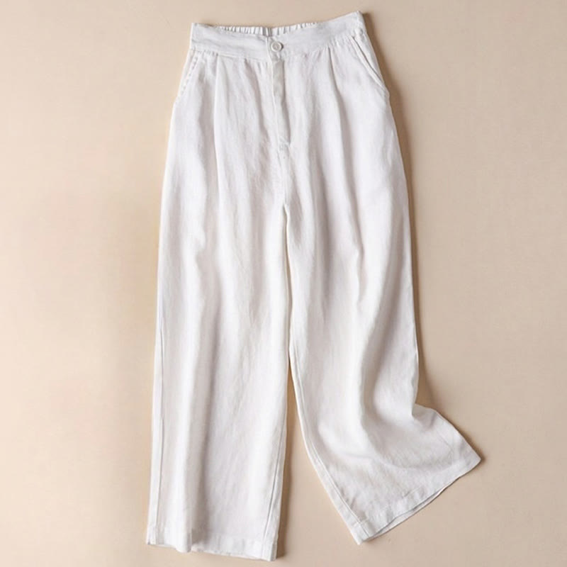 Buddha Stones Commute Solid Color Drawstring 7-8 Length Cotton Linen Women's Wide Leg Pants With Pockets