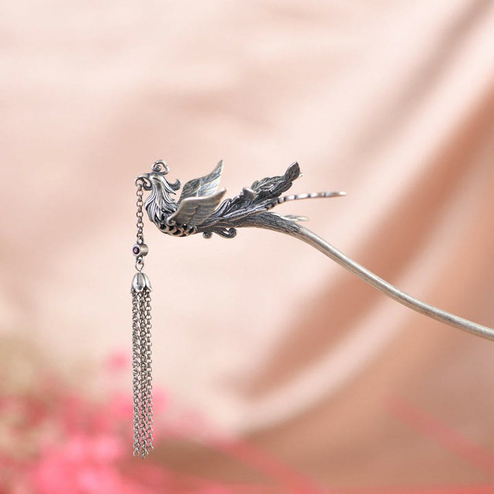Buddha Stones 925 Sterling Silver Phoenix Tassels Protection Hairpin