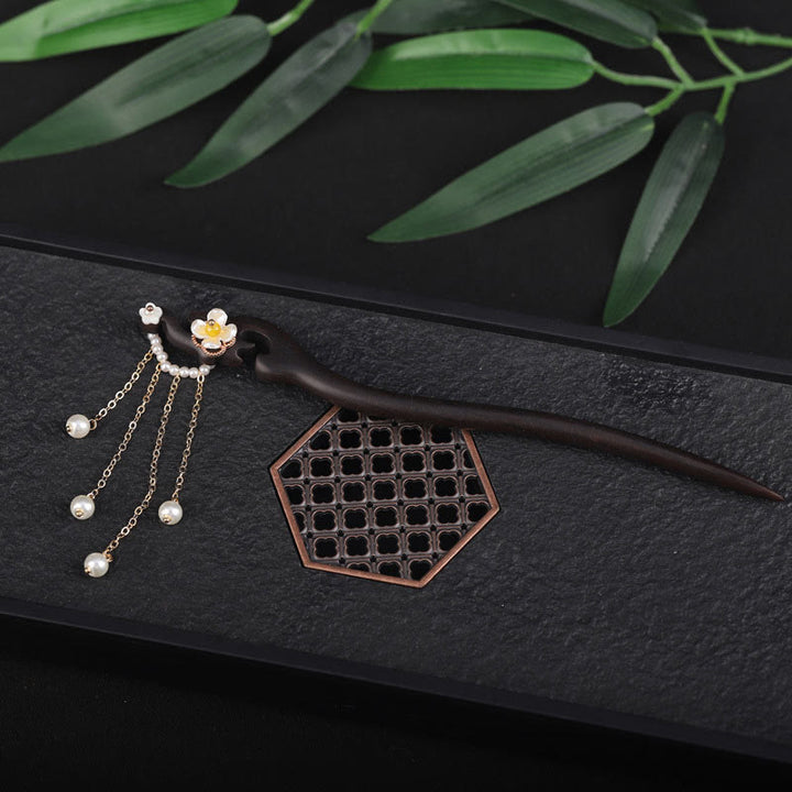 Buddha Stones Ebony Shell Flower Pearl Tassel Blessing Hairpin