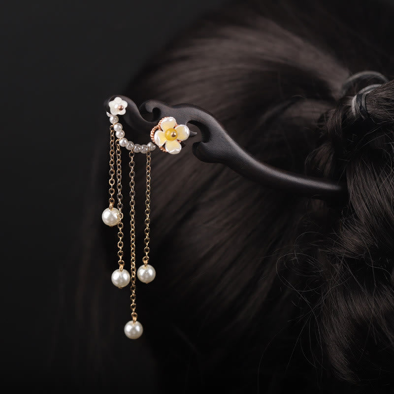 Buddha Stones Ebony Shell Flower Pearl Tassel Blessing Hairpin