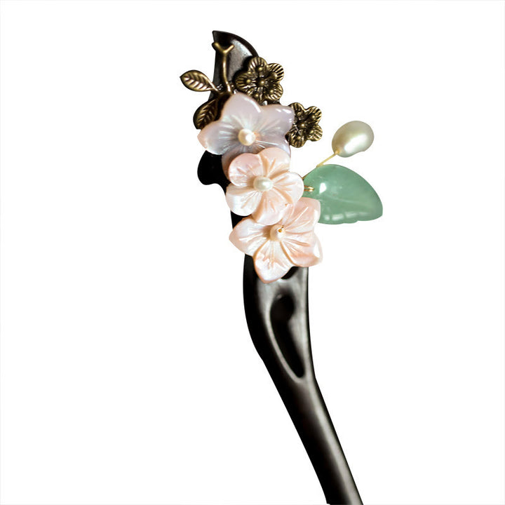 Buddha Stones Ebony Shell Flower Leaves Blessing Hairpin