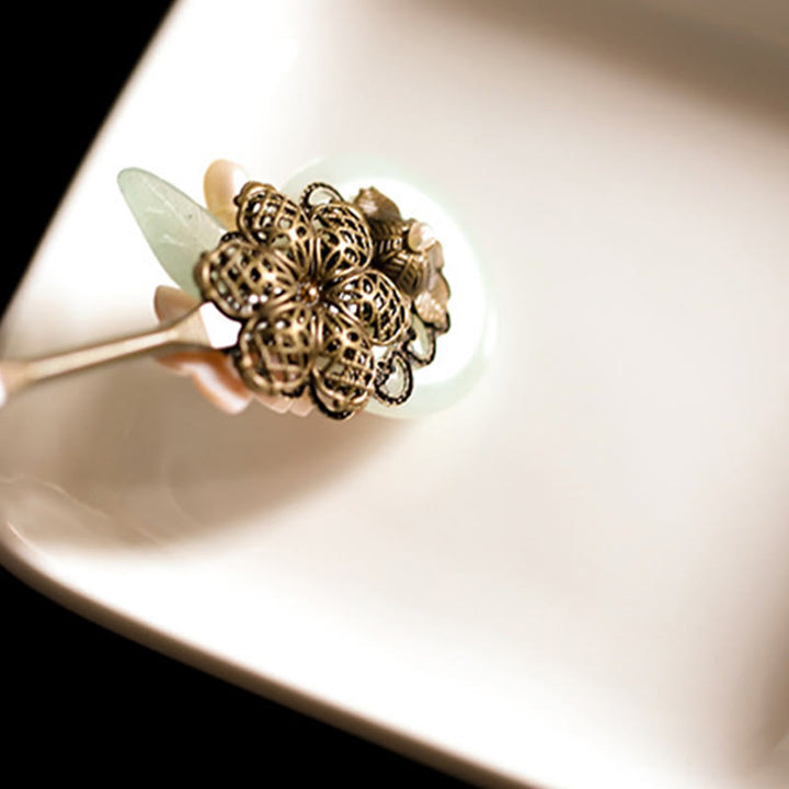 Buddha Stones Copper Jade Shell Flower Leaves Luck Hairpin